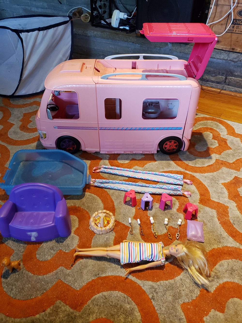 Pink Kids Play Barbie Camper Van with Doll and Accessories